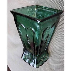 Vintage Emerald Green Art Glass Square Vase with Fleur de Lis Raised Pattern